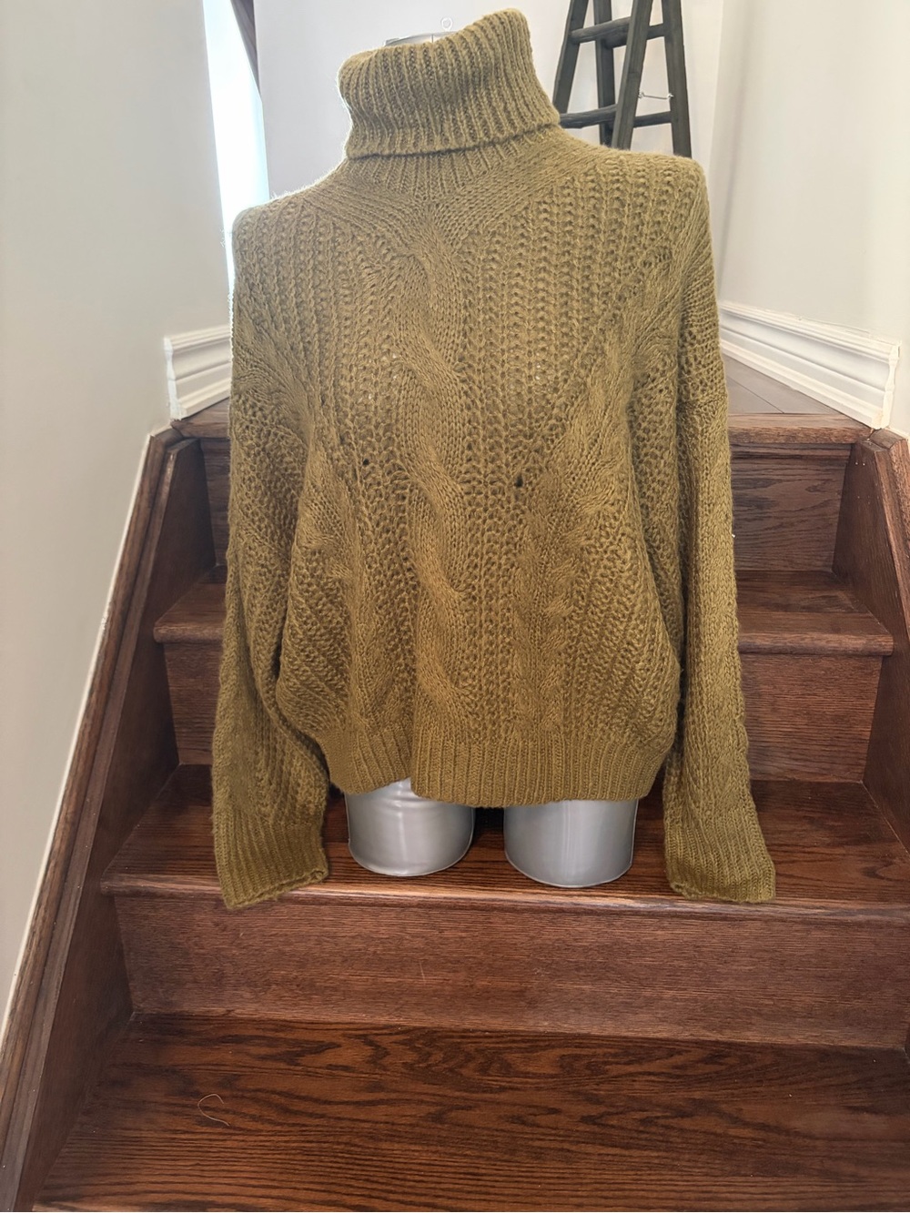 Cowl Neck Cable Knit Sweater - Olive